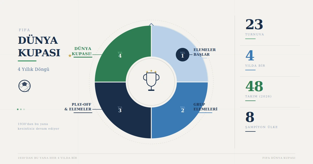 FIFA Dünya Kupası 4 yıllık döngü infografiği: elemeler, grup aşaması, play-off ve final yıllarını gösteren dairesel şema